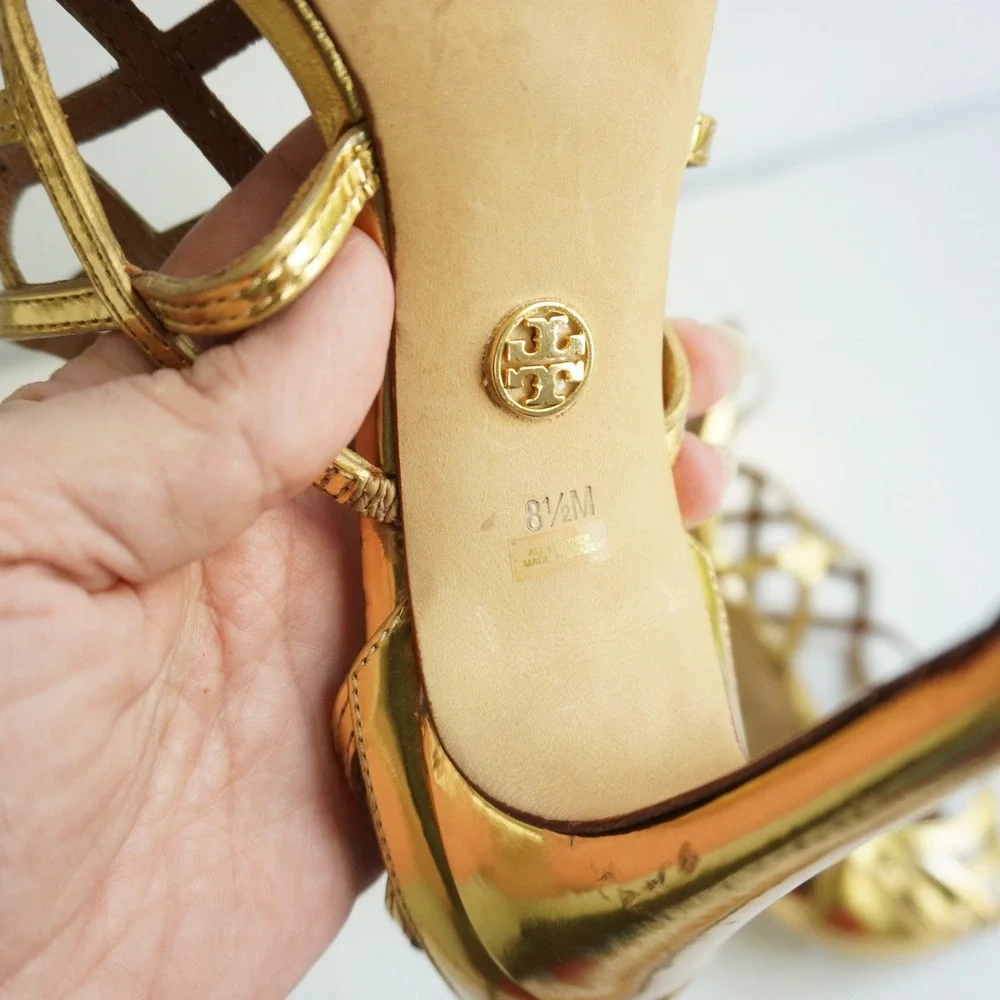 Tory Burch Amalie Metallic Cage Sandal Gold Strappy Sandals Party Shoes Prom 8.5